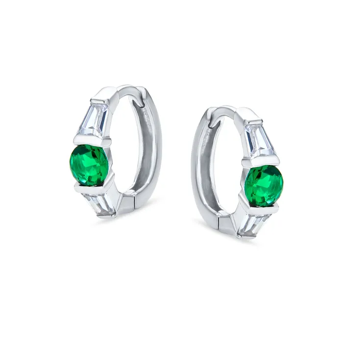 BlingJewelry Wholesale Earrings Classic Dainty Green White CZ Hoop Earrings with Baguette Solitaire Sterling Silver