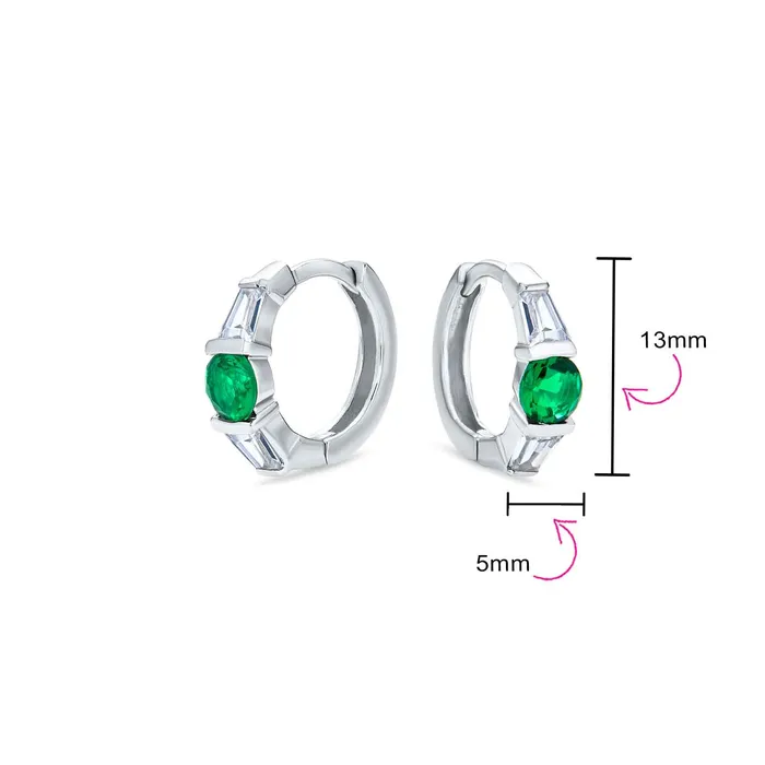 BlingJewelry Wholesale Earrings Classic Dainty Green White CZ Hoop Earrings with Baguette Solitaire Sterling Silver