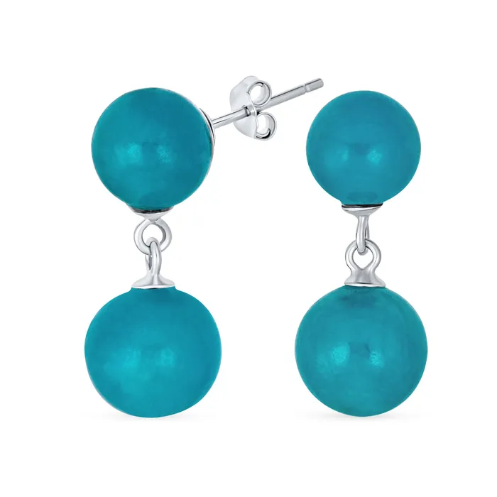 BlingJewelry Wholesale Earrings Classic Dangle Gemstone Earrings Aegean Teal Jade Double Round Sterling Silver
