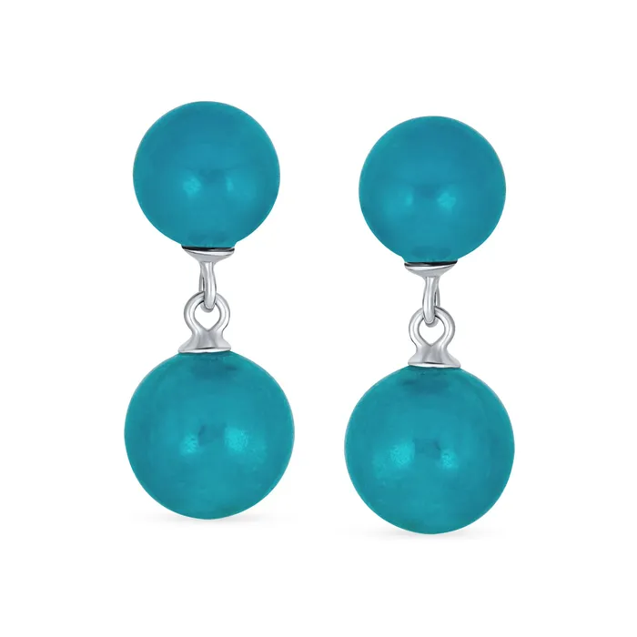 BlingJewelry Wholesale Earrings Classic Dangle Gemstone Earrings Aegean Teal Jade Double Round Sterling Silver