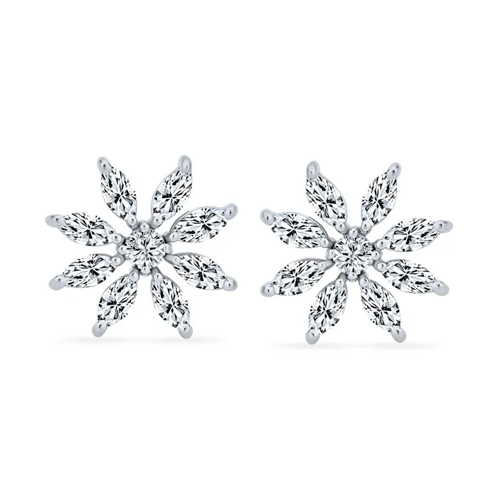 BlingJewelry Wholesale Earrings Elegant Marquise CZ Stud Earrings Bridal Holiday Snowflake Flower in Sterling Silver