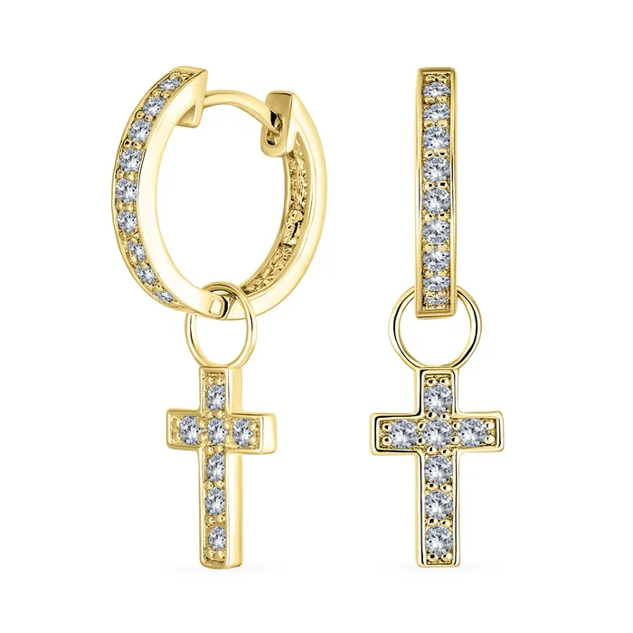 BlingJewelry Wholesale Earrings Tiny Cross Communion Kpop Huggie Dangle Chandelier Earrings CZ Hoop Set