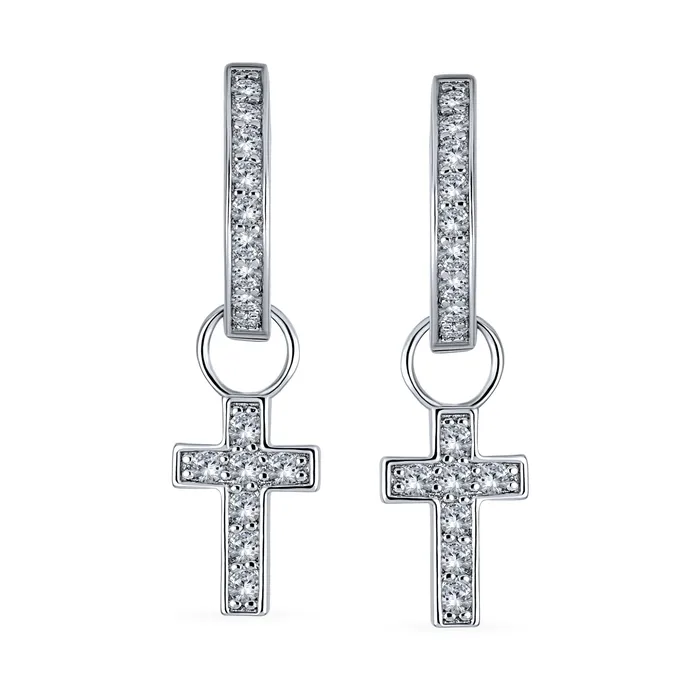BlingJewelry Wholesale Earrings Tiny Cross Communion Kpop Huggie Dangle Chandelier Earrings CZ Hoop Set