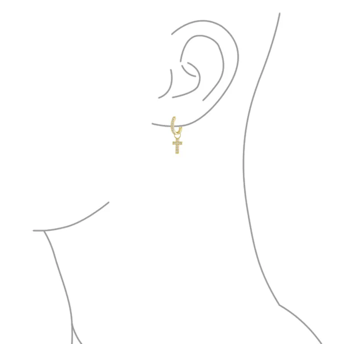 BlingJewelry Wholesale Earrings Tiny Cross Communion Kpop Huggie Dangle Chandelier Earrings CZ Hoop Set