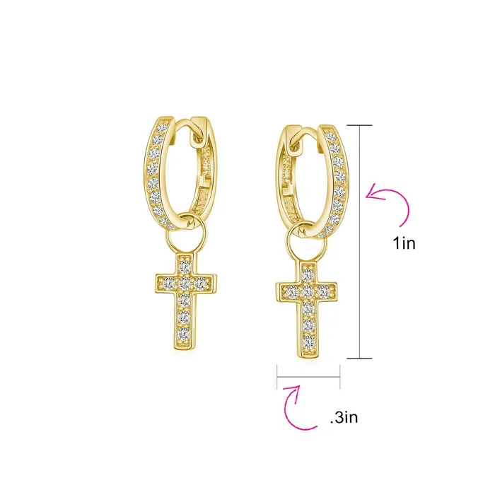 BlingJewelry Wholesale Earrings Tiny Cross Communion Kpop Huggie Dangle Chandelier Earrings CZ Hoop Set