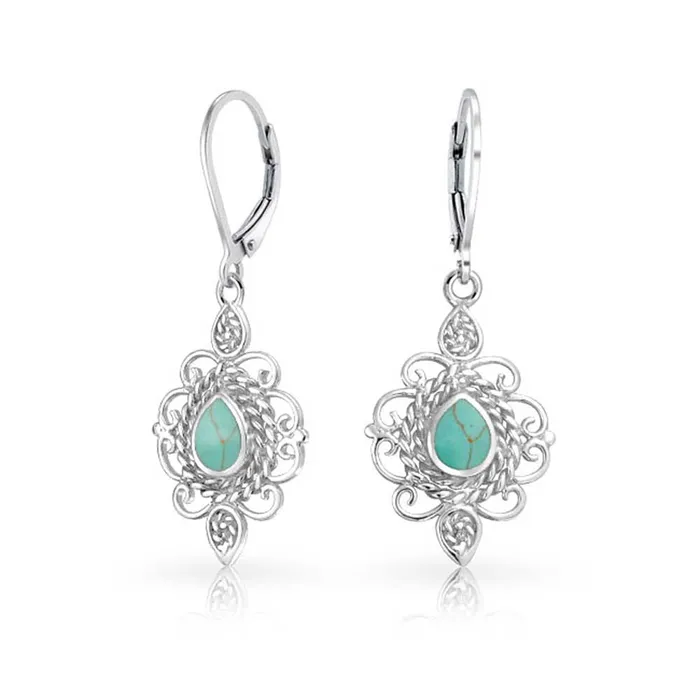 BlingJewelry Wholesale Earrings Vintage Filigree Turquoise Dangle Gemstone Earrings in Sterling Silver