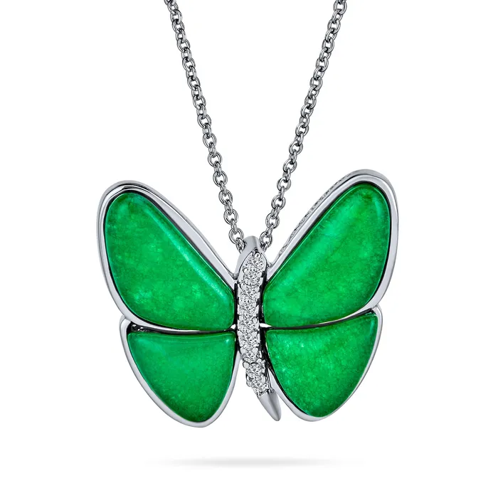 BlingJewelry Wholesale NatureInspired Silver Plated Pendant Necklace with Green Jade and CZ Butterfly Accents Necklaces BlingJewelry Wholesale NatureInspired Silver Plated Pendant Necklace with Green Jade and CZ Butterfly Accents Necklaces