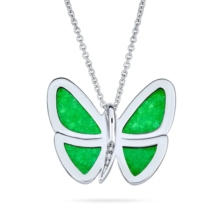 BlingJewelry Wholesale NatureInspired Silver Plated Pendant Necklace with Green Jade and CZ Butterfly Accents Necklaces