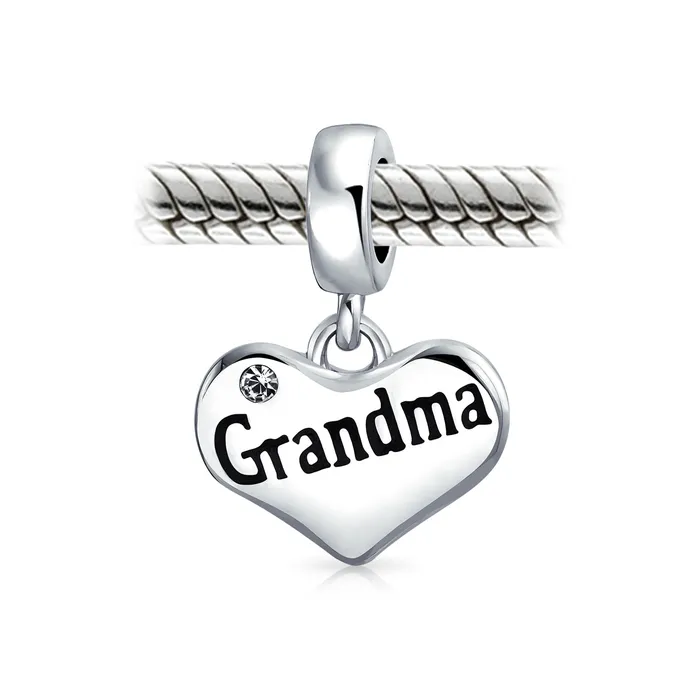BlingJewelry Wholesale Necklaces Grandma Heart Dangle Charm Bead for Grandmother with Crystal Accent Sterling Silver