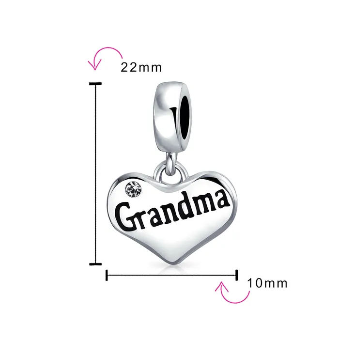 BlingJewelry Wholesale Necklaces Grandma Heart Dangle Charm Bead for Grandmother with Crystal Accent Sterling Silver