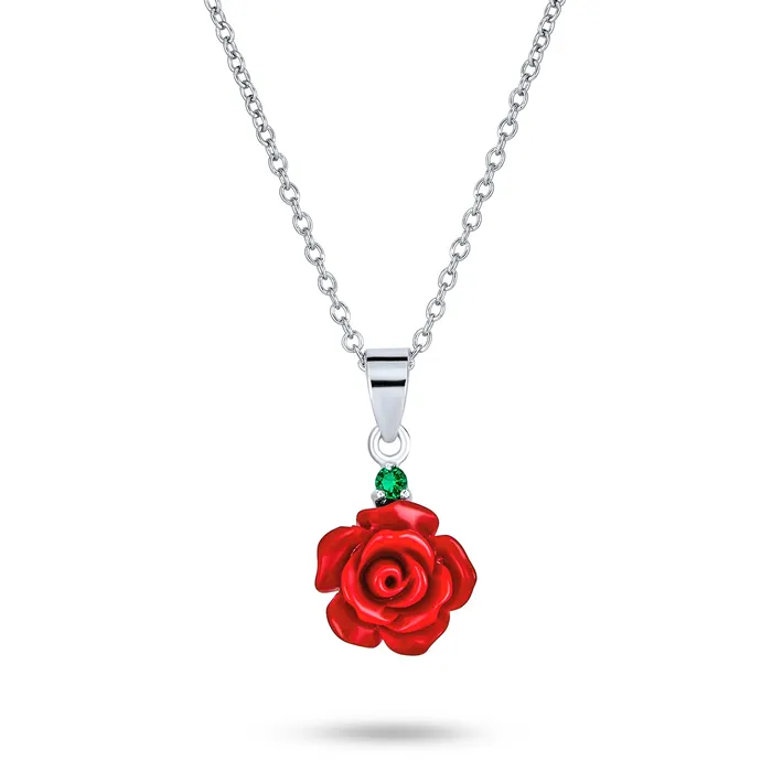BlingJewelry Wholesale Necklaces Romantic Floral 3D Pink Red Rose Pendant Necklace with Green CZ in Sterling Silver BlingJewelry Wholesale Necklaces Romantic Floral 3D Pink Red Rose Pendant Necklace with Green CZ in Sterling Silver
