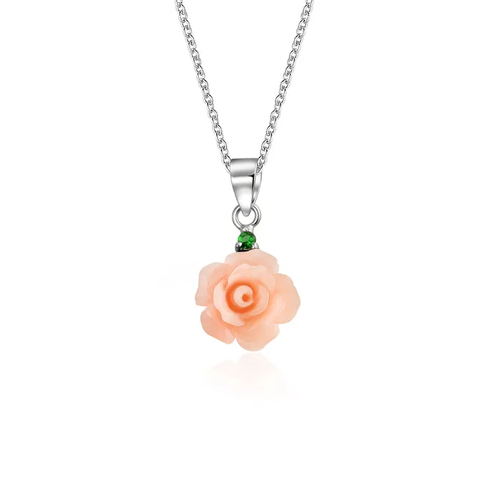 BlingJewelry Wholesale Necklaces Romantic Floral 3D Pink Red Rose Pendant Necklace with Green CZ in Sterling Silver