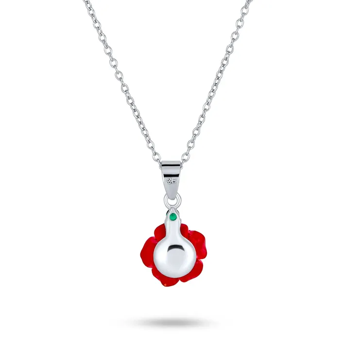 BlingJewelry Wholesale Necklaces Romantic Floral 3D Pink Red Rose Pendant Necklace with Green CZ in Sterling Silver