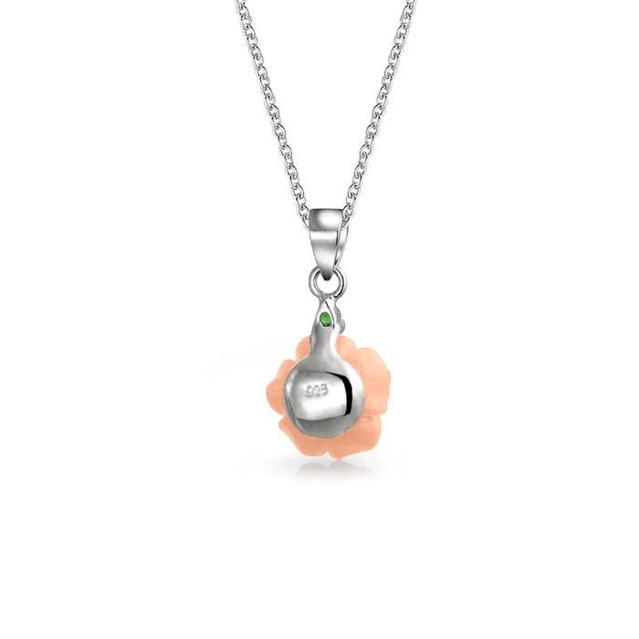 BlingJewelry Wholesale Necklaces Romantic Floral 3D Pink Red Rose Pendant Necklace with Green CZ in Sterling Silver