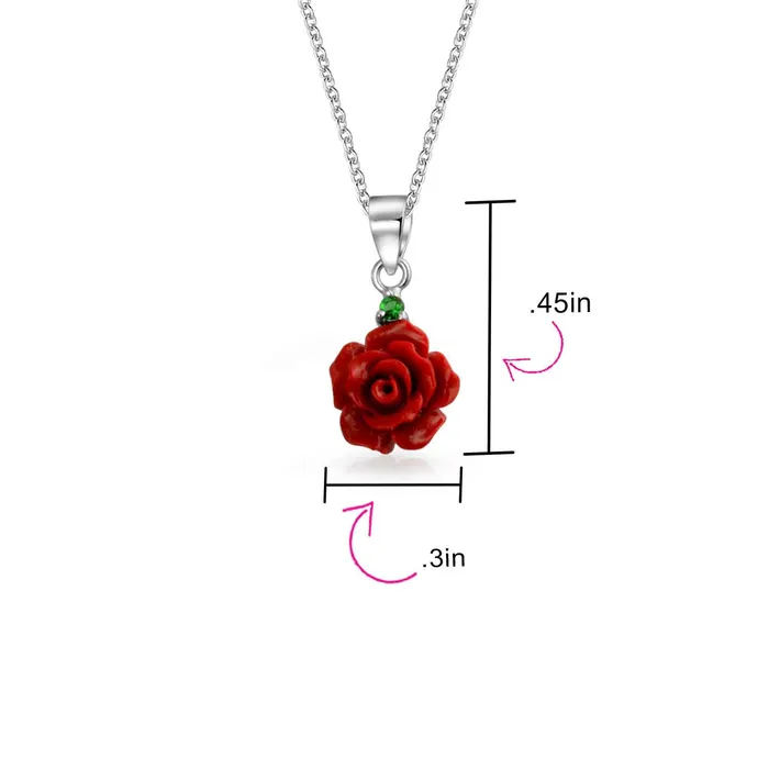 BlingJewelry Wholesale Necklaces Romantic Floral 3D Pink Red Rose Pendant Necklace with Green CZ in Sterling Silver