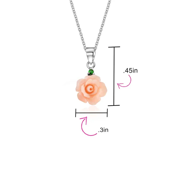 BlingJewelry Wholesale Necklaces Romantic Floral 3D Pink Red Rose Pendant Necklace with Green CZ in Sterling Silver