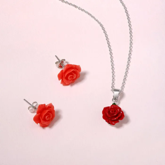 BlingJewelry Wholesale Necklaces Romantic Floral 3D Pink Red Rose Pendant Necklace with Green CZ in Sterling Silver