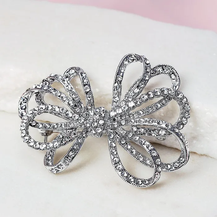 BlingJewelry Wholesale Rings Large Bridal Holiday Statement Crystal Wedding Bow Brooche Pin Silver Rose Gold Tone