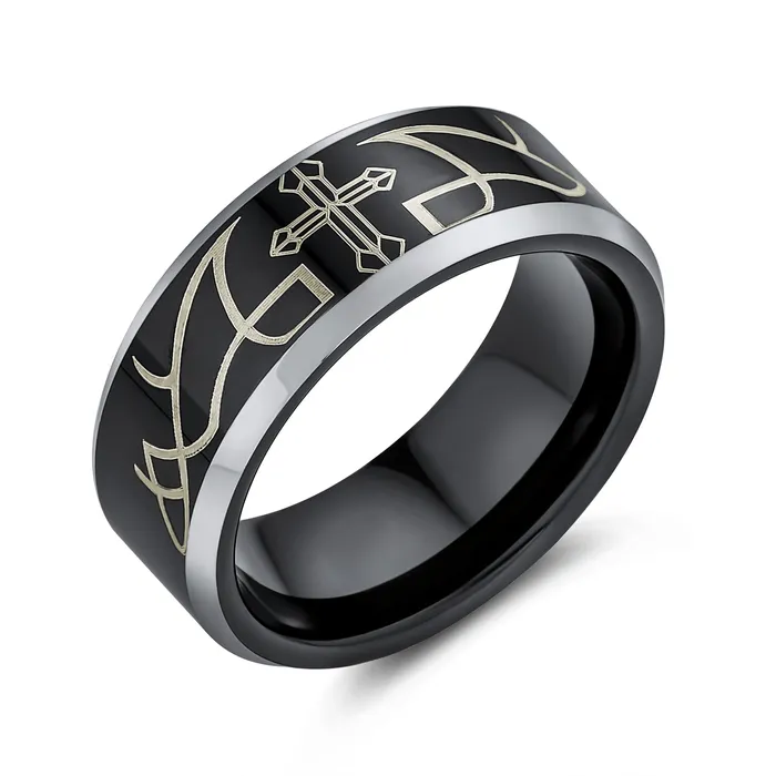 BlingJewelry Wholesale Rings Laser Etched Tungsten Wedding Band Ring with Catholic Cross Design for Men Comfort Fit