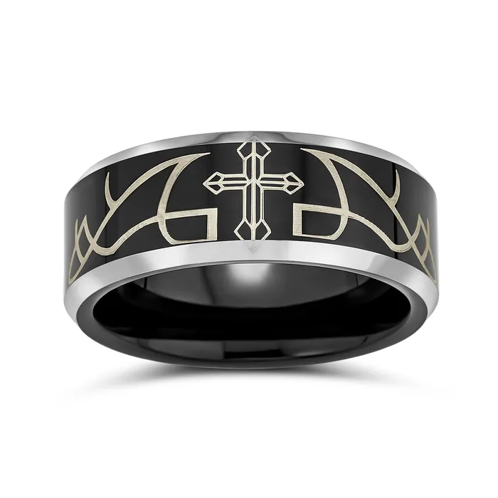 BlingJewelry Wholesale Rings Laser Etched Tungsten Wedding Band Ring with Catholic Cross Design for Men Comfort Fit
