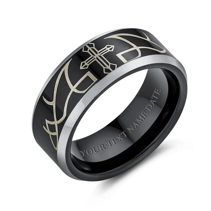 BlingJewelry Wholesale Rings Laser Etched Tungsten Wedding Band Ring with Catholic Cross Design for Men Comfort Fit