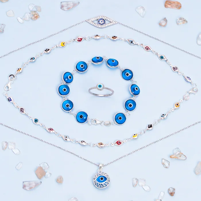Bracelets BlingJewelry Wholesale Turkish Multicolor Evil Eye Strand Bracelet with Sterling Silver Charms Bracelets BlingJewelry Wholesale Turkish Multicolor Evil Eye Strand Bracelet with Sterling Silver Charms