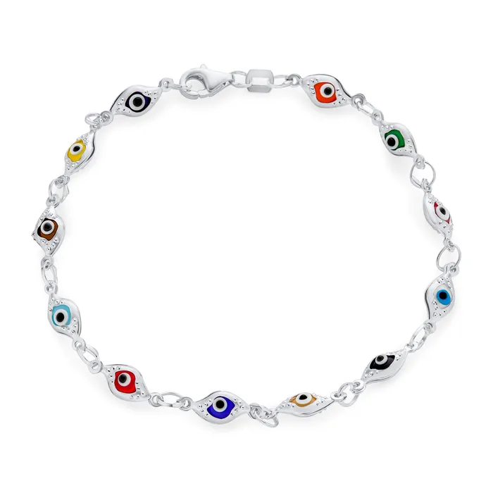 Bracelets BlingJewelry Wholesale Turkish Multicolor Evil Eye Strand Bracelet with Sterling Silver Charms