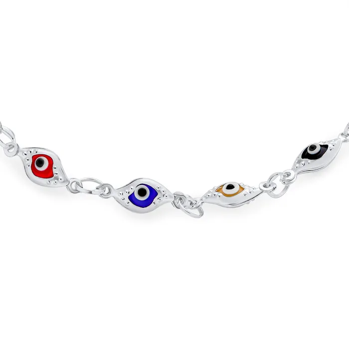 Bracelets BlingJewelry Wholesale Turkish Multicolor Evil Eye Strand Bracelet with Sterling Silver Charms