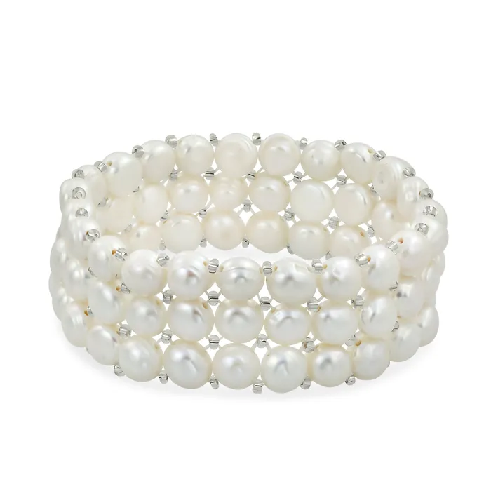 Bracelets BlingJewelry Wholesale Wide White Freshwater Pearl Triple Strand Stretch Bracelet with Flat Buttons Bracelets BlingJewelry Wholesale Wide White Freshwater Pearl Triple Strand Stretch Bracelet with Flat Buttons