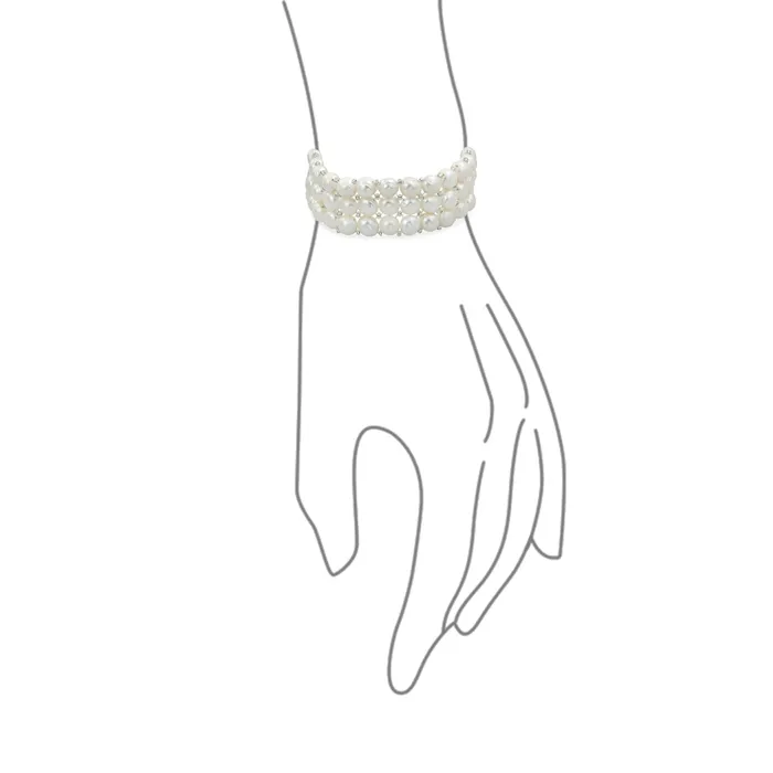 Bracelets BlingJewelry Wholesale Wide White Freshwater Pearl Triple Strand Stretch Bracelet with Flat Buttons