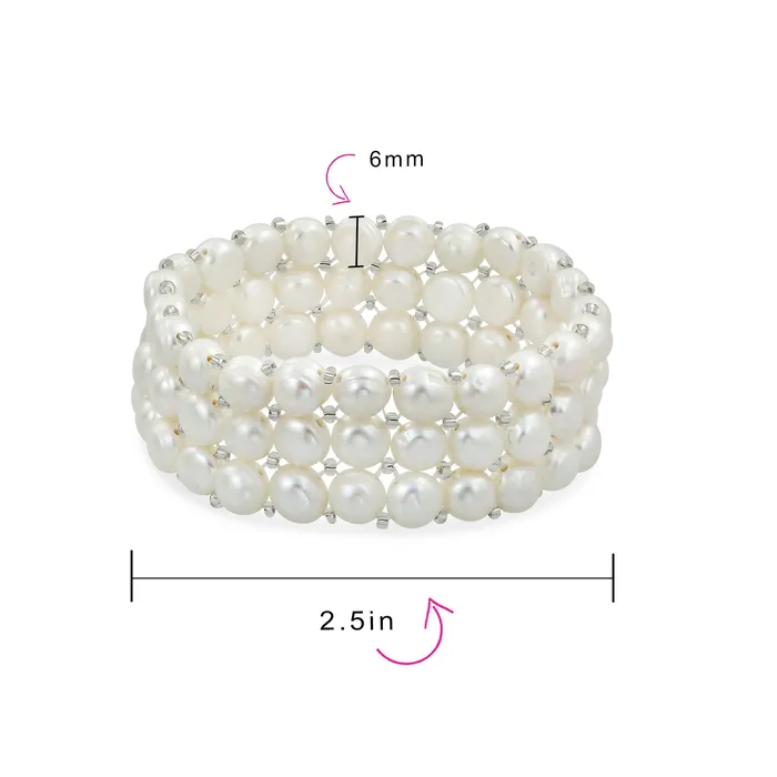 Bracelets BlingJewelry Wholesale Wide White Freshwater Pearl Triple Strand Stretch Bracelet with Flat Buttons