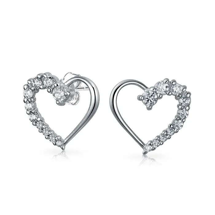 Bridal Love Journey CZ Stud Earrings Heart Shaped Pave Sterling Silver Gift BlingJewelry Wholesale Earrings