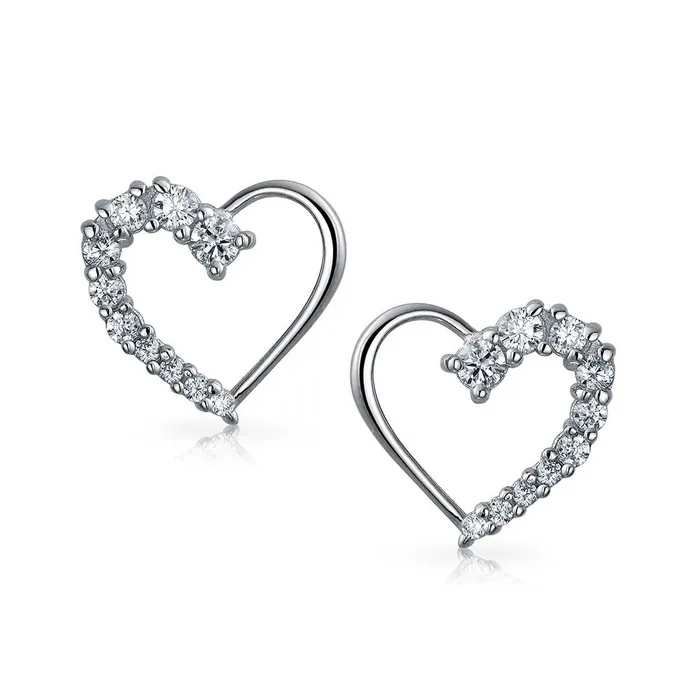Bridal Love Journey CZ Stud Earrings Heart Shaped Pave Sterling Silver Gift BlingJewelry Wholesale Earrings