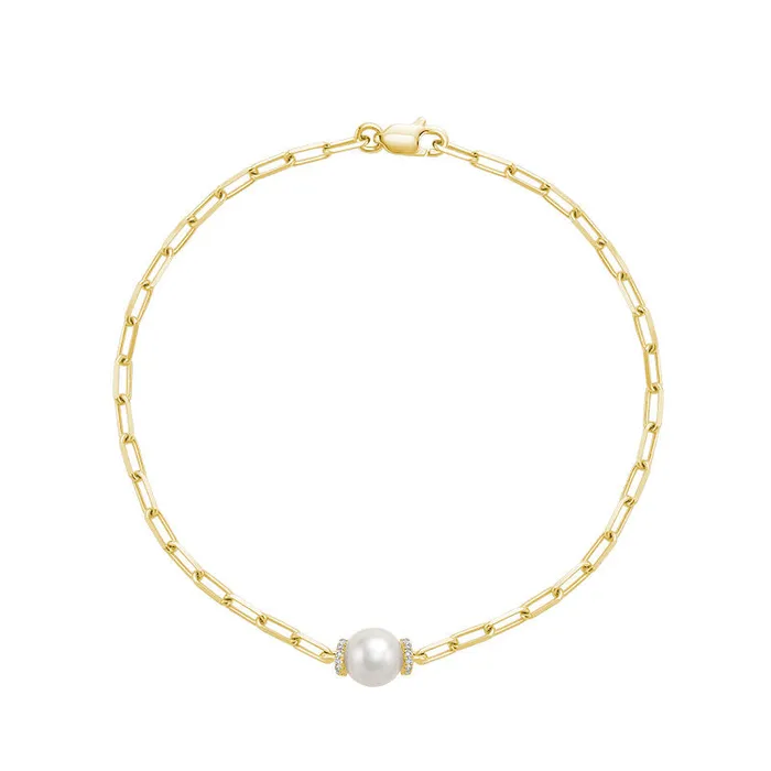 Classic Creations Bracelets 14kt Gold Diamond Pearl Paperclip Bracelet