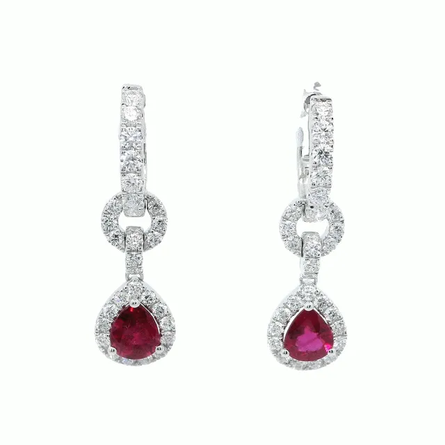 Earrings 18kt Diamond Hoops With Diamond Halo Pear Rubies Earrings Classic Creations Earrings 18kt Diamond Hoops With Diamond Halo Pear Rubies Earrings Classic Creations