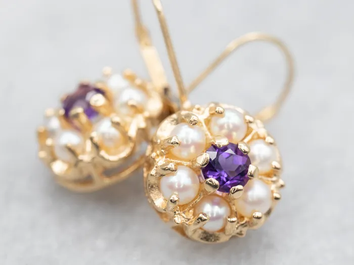 Earrings Amethyst and Seed Pearl Halo Drop Earrings Market Square Jewelers