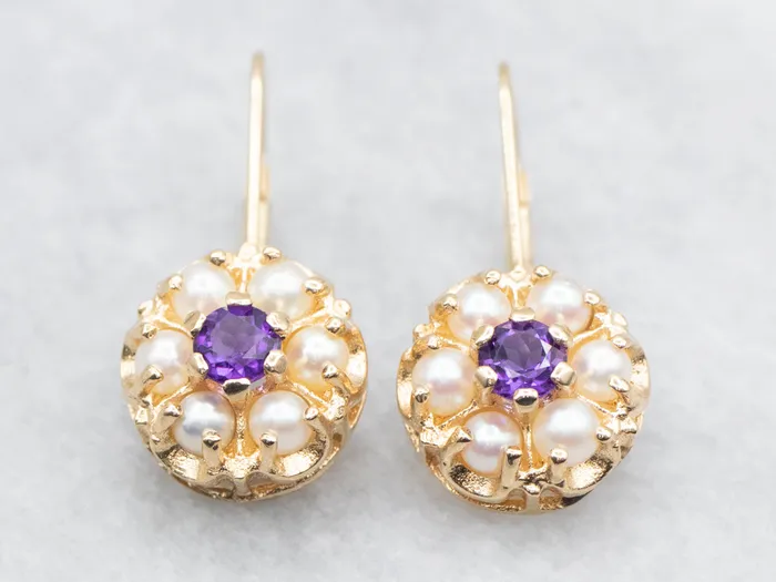 Earrings Amethyst and Seed Pearl Halo Drop Earrings Market Square Jewelers Earrings Amethyst and Seed Pearl Halo Drop Earrings Market Square Jewelers
