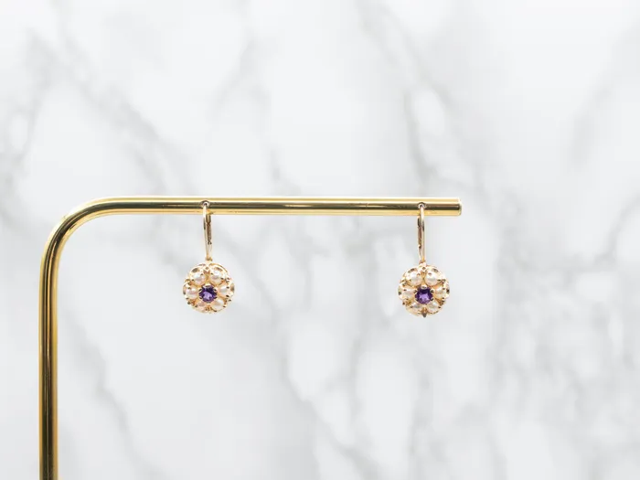 Earrings Amethyst and Seed Pearl Halo Drop Earrings Market Square Jewelers Earrings Amethyst and Seed Pearl Halo Drop Earrings Market Square Jewelers