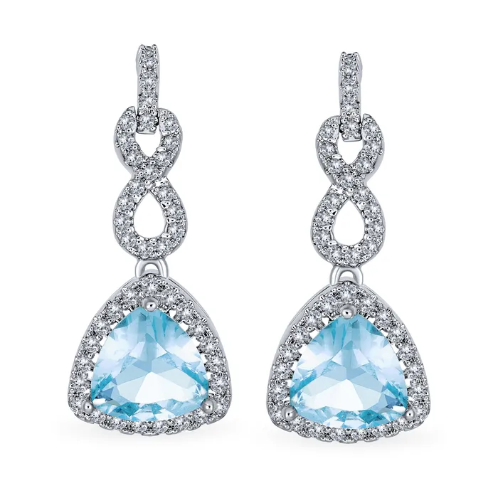 Earrings BlingJewelry Wholesale Romantic Bridal Infinity CZ Aquamarine Teardrop Dangle Chandelier Earrings Silver