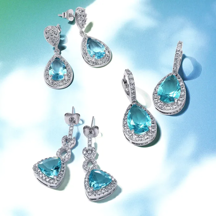 Earrings BlingJewelry Wholesale Romantic Bridal Infinity CZ Aquamarine Teardrop Dangle Chandelier Earrings Silver