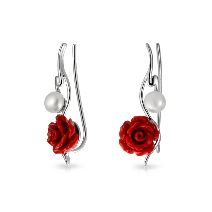 Earrings BlingJewelry Wholesale Trendy 3D Rose Flower Ear Cuff Cartilage with Pearl Sterling Silver Earrings Earrings BlingJewelry Wholesale Trendy 3D Rose Flower Ear Cuff Cartilage with Pearl Sterling Silver Earrings