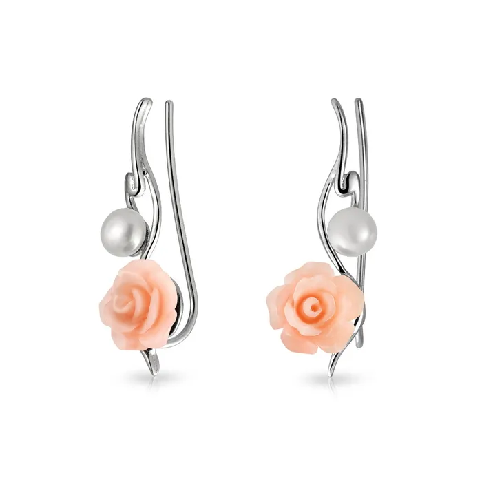 Earrings BlingJewelry Wholesale Trendy 3D Rose Flower Ear Cuff Cartilage with Pearl Sterling Silver Earrings Earrings BlingJewelry Wholesale Trendy 3D Rose Flower Ear Cuff Cartilage with Pearl Sterling Silver Earrings