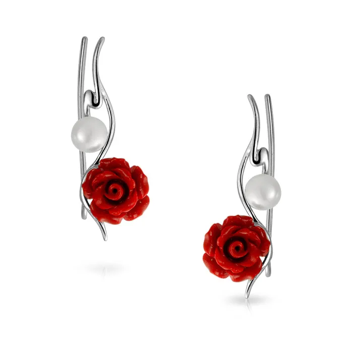 Earrings BlingJewelry Wholesale Trendy 3D Rose Flower Ear Cuff Cartilage with Pearl Sterling Silver Earrings Earrings BlingJewelry Wholesale Trendy 3D Rose Flower Ear Cuff Cartilage with Pearl Sterling Silver Earrings