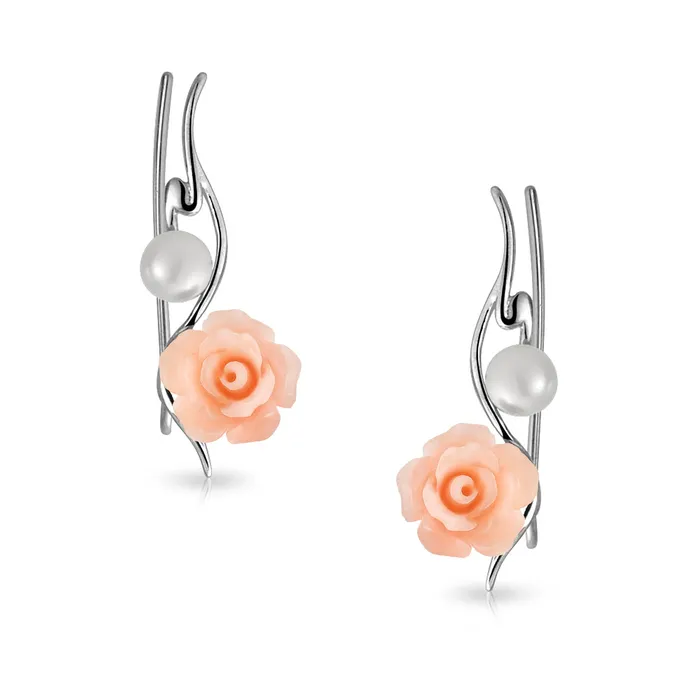 Earrings BlingJewelry Wholesale Trendy 3D Rose Flower Ear Cuff Cartilage with Pearl Sterling Silver Earrings Earrings BlingJewelry Wholesale Trendy 3D Rose Flower Ear Cuff Cartilage with Pearl Sterling Silver Earrings