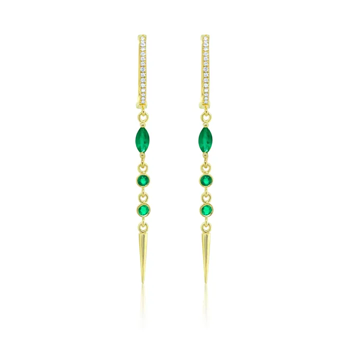 Earrings Meira T 14kt Yellow Gold Emerald and Diamond Drop Huggie