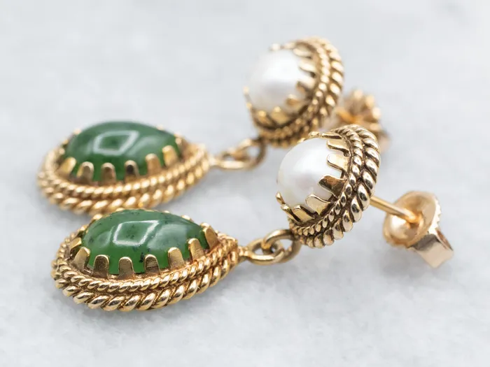 Earrings Sophisticated Nephrite Jade and Fine Pearl Drop Earrings Market Square Jewelers