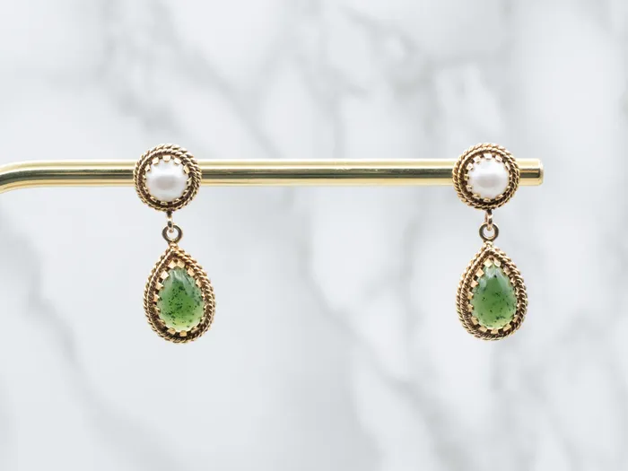 Earrings Sophisticated Nephrite Jade and Fine Pearl Drop Earrings Market Square Jewelers