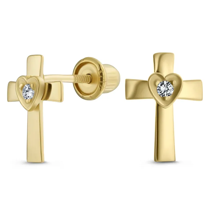 Earrings Tiny Religious Christian CZ Stud Earrings 14K Gold Heart Cross Screw Back BlingJewelry Wholesale Earrings Tiny Religious Christian CZ Stud Earrings 14K Gold Heart Cross Screw Back BlingJewelry Wholesale