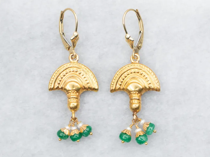 Earrings Yellow Gold Drop Earrings with Emerald and Seed Pearl Accents Market Square Jewelers Earrings Yellow Gold Drop Earrings with Emerald and Seed Pearl Accents Market Square Jewelers