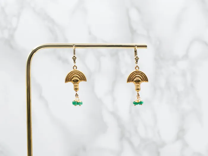 Earrings Yellow Gold Drop Earrings with Emerald and Seed Pearl Accents Market Square Jewelers Earrings Yellow Gold Drop Earrings with Emerald and Seed Pearl Accents Market Square Jewelers